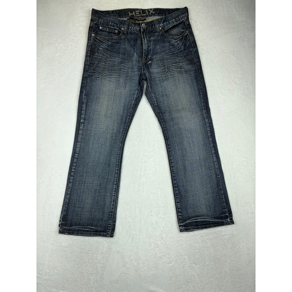 Helix Slim Mens 34x30 Bootcut Jeans Dark Wash Distress Embroidered  Cross Pocket